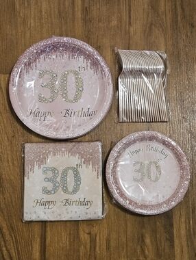 30th Birthday Rose Gold Party Plate and Napkin Set - Happy Birthday